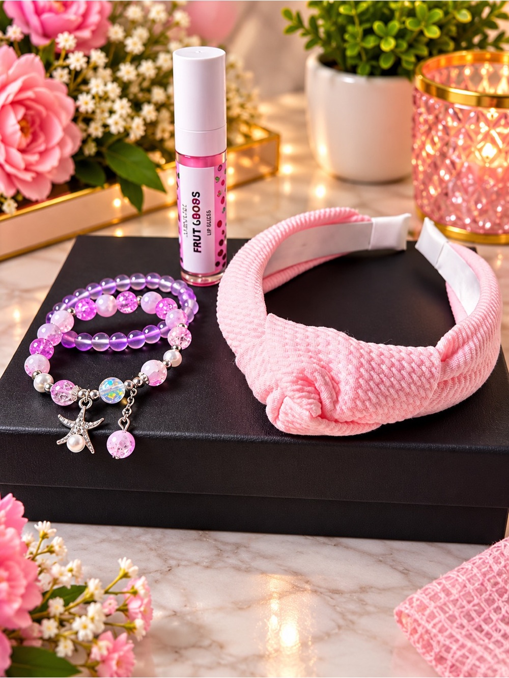 Aminnah Fruit Loops Lip Gloss, Bracelets and Pink Knotted Headband Set